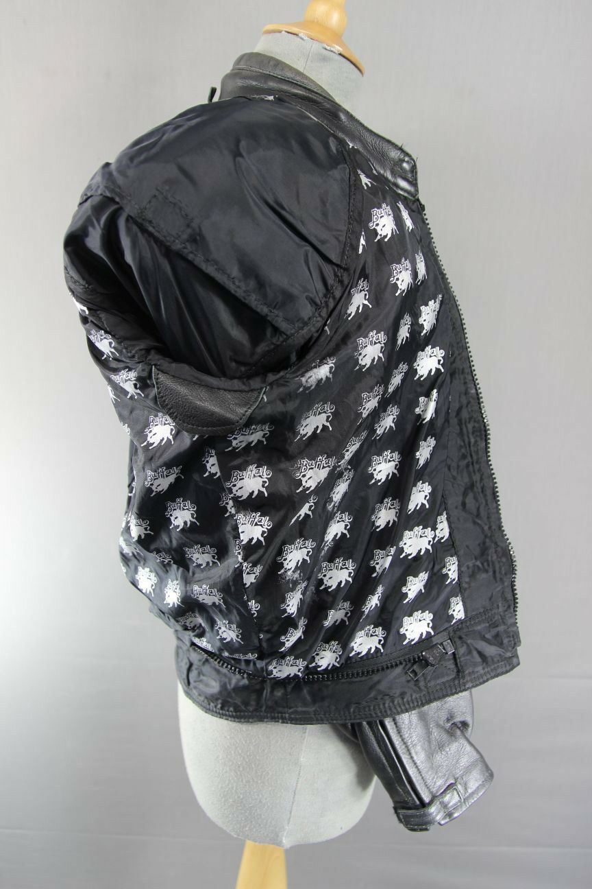 CLASSIC BUFFALO BLACK, SILVER & GREY LEATHER BIKER JACKET SIZE 12