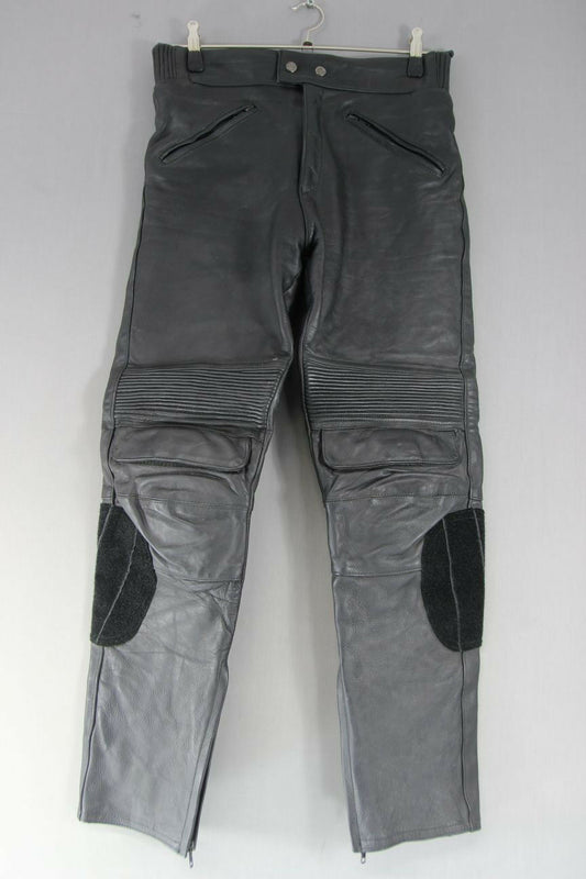 BIKERS CLUB BLACK STEERHIDE LEATHER BIKER TROUSERS: WAIST 30 IN/INSIDE LEG 30 IN