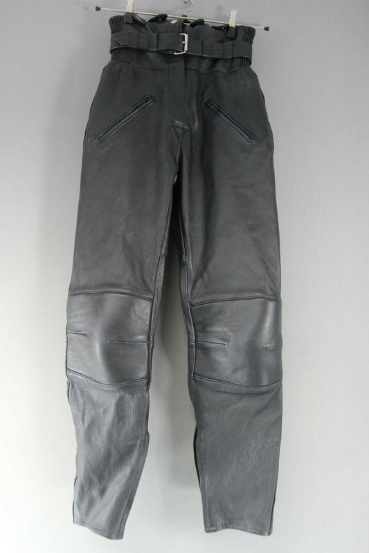 BLACK LEATHER BIKER TROUSERS WITH BRACES: WAIST 26 INCHES/INSIDE LEG 31 INCHES