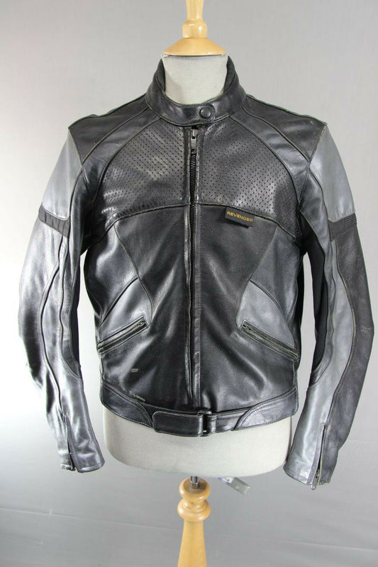 REVENGER BLACK & SILVER/GREY LEATHER BIKER JACKET 40 INCH