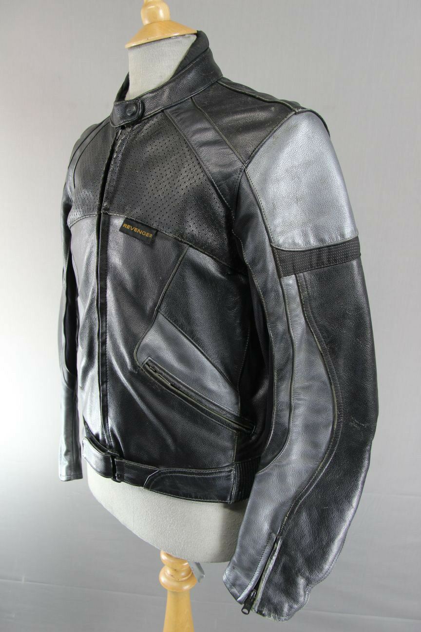 REVENGER BLACK & SILVER/GREY LEATHER BIKER JACKET 40 INCH