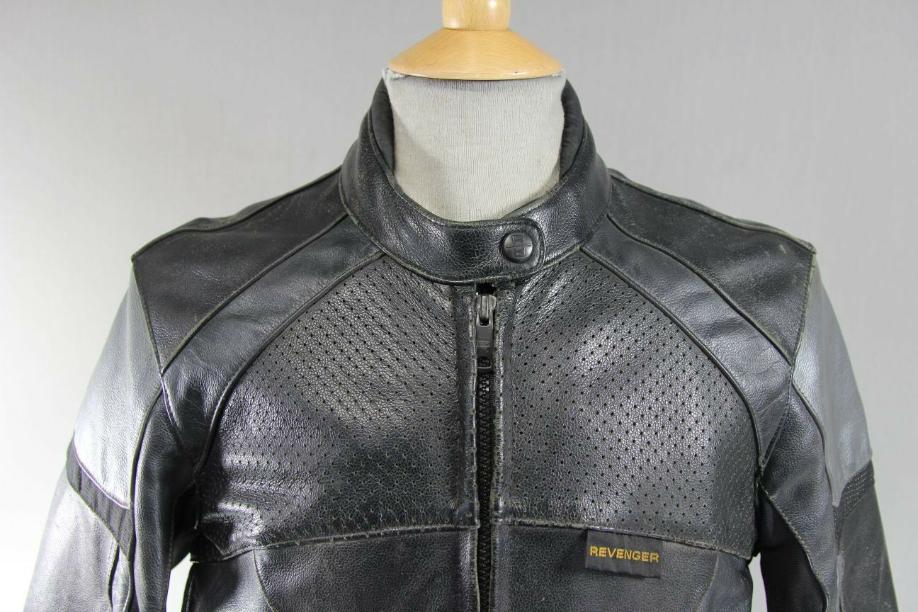 REVENGER BLACK & SILVER/GREY LEATHER BIKER JACKET 40 INCH