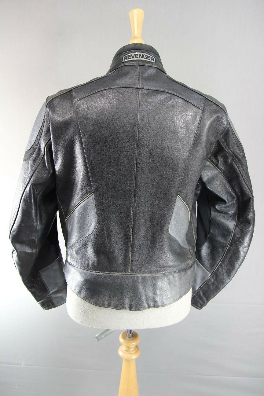 REVENGER BLACK & SILVER/GREY LEATHER BIKER JACKET 40 INCH