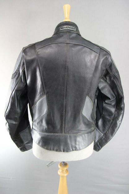 REVENGER BLACK & SILVER/GREY LEATHER BIKER JACKET 40 INCH