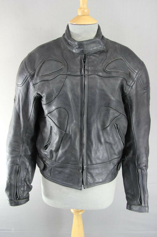RIOSSI BLACK COWHIDE LEATHER BIKER JACKET + SHOULDER & ELBOW CE ARMOUR: SIZE 14