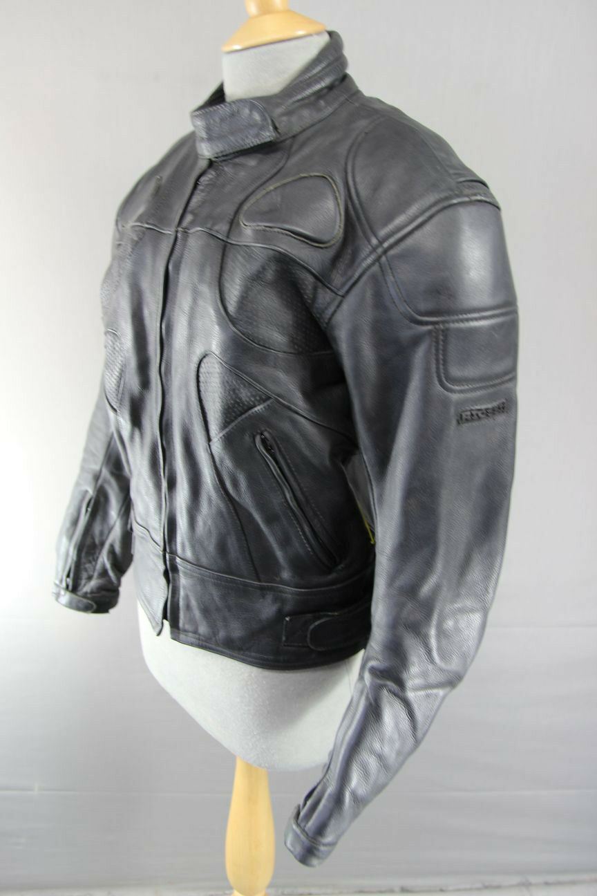 RIOSSI BLACK COWHIDE LEATHER BIKER JACKET + SHOULDER & ELBOW CE ARMOUR: SIZE 14