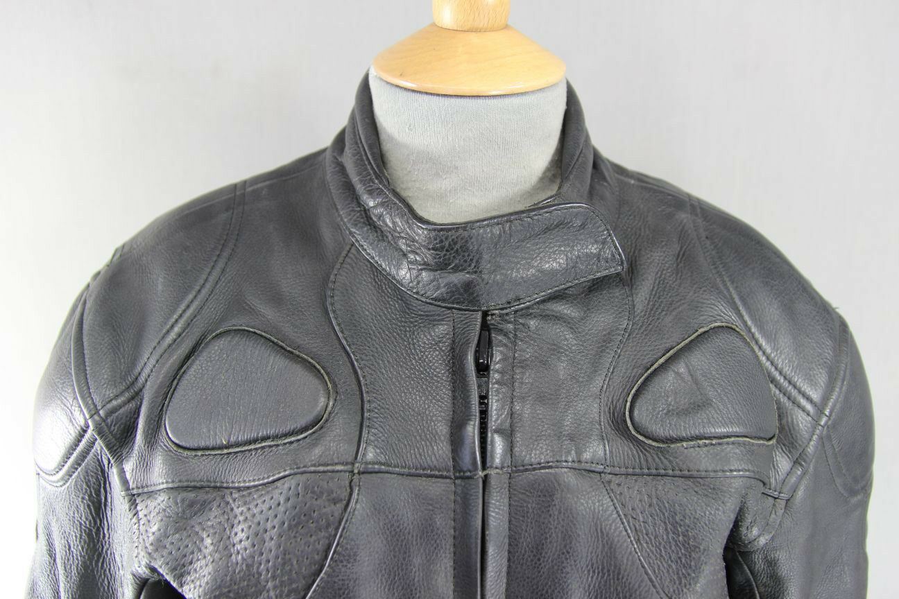 RIOSSI BLACK COWHIDE LEATHER BIKER JACKET + SHOULDER & ELBOW CE ARMOUR: SIZE 14