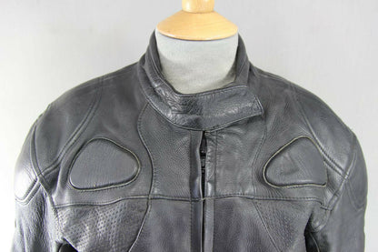 RIOSSI BLACK COWHIDE LEATHER BIKER JACKET + SHOULDER & ELBOW CE ARMOUR: SIZE 14