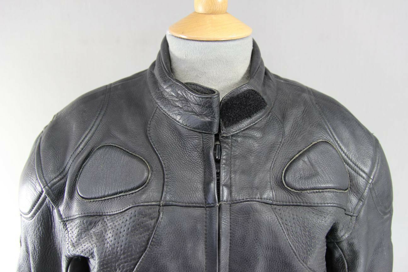 RIOSSI BLACK COWHIDE LEATHER BIKER JACKET + SHOULDER & ELBOW CE ARMOUR: SIZE 14