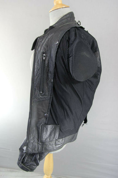 RIOSSI BLACK COWHIDE LEATHER BIKER JACKET + SHOULDER & ELBOW CE ARMOUR: SIZE 14