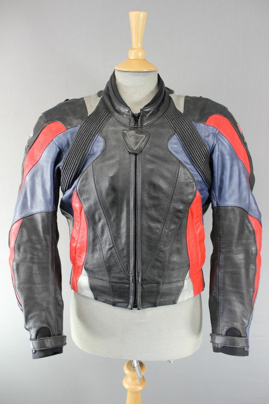 REV'IT! BLACK/BLUE/RED LEATHER BIKER JACKET WITH REMOVABLE CE PROTECTORS 38 INCH
