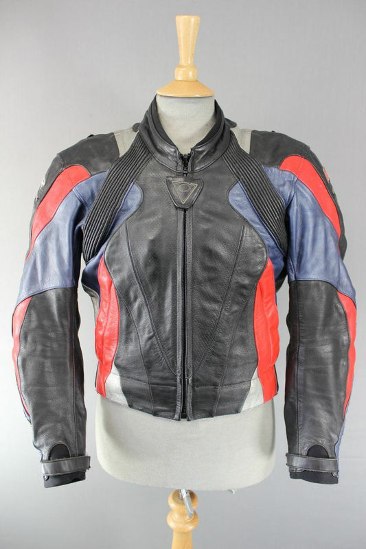 REV'IT! BLACK/BLUE/RED LEATHER BIKER JACKET WITH REMOVABLE CE PROTECTORS 38 INCH