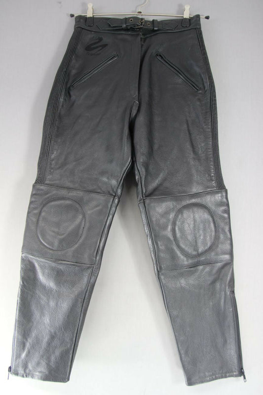 JUST BIKERS BLACK LEATHER TROUSERS SIZE 14: WAIST 28 INCHES/INSIDE LEG 27 INCHES