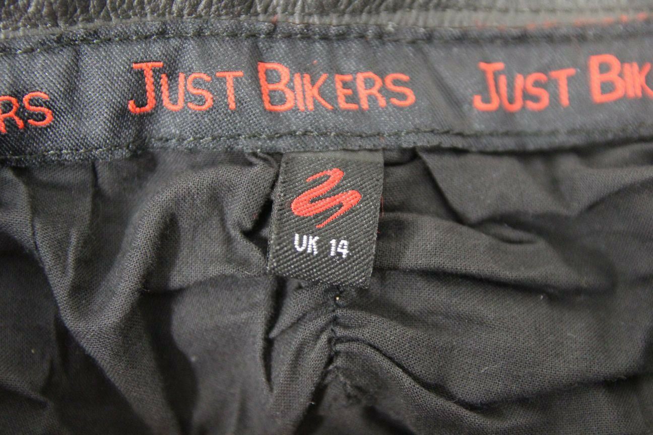 JUST BIKERS BLACK LEATHER TROUSERS SIZE 14: WAIST 28 INCHES/INSIDE LEG 27 INCHES
