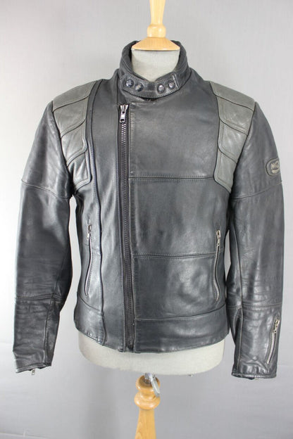 CLASSIC VINTAGE 1980's DARK & LIGHT GREY MQP LEATHER BIKER JACKET 38 INCH