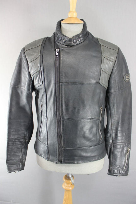 CLASSIC VINTAGE 1980's DARK & LIGHT GREY MQP LEATHER BIKER JACKET 38 INCH