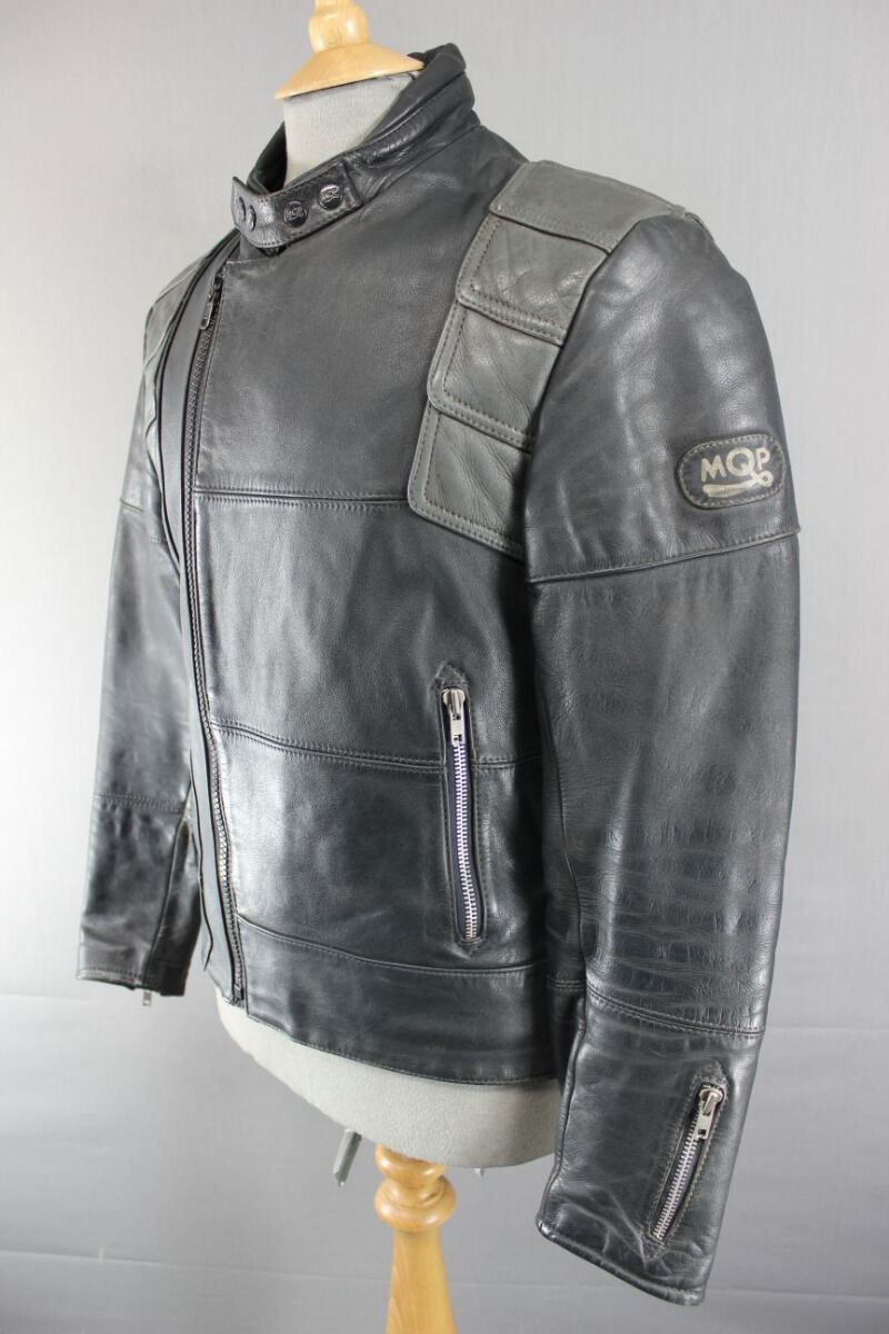 CLASSIC VINTAGE 1980's DARK & LIGHT GREY MQP LEATHER BIKER JACKET 38 INCH