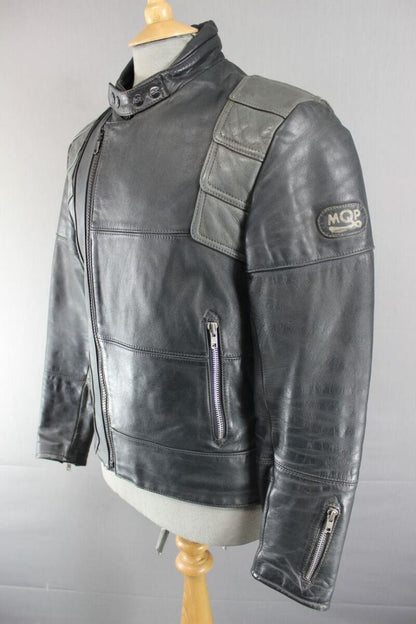 CLASSIC VINTAGE 1980's DARK & LIGHT GREY MQP LEATHER BIKER JACKET 38 INCH