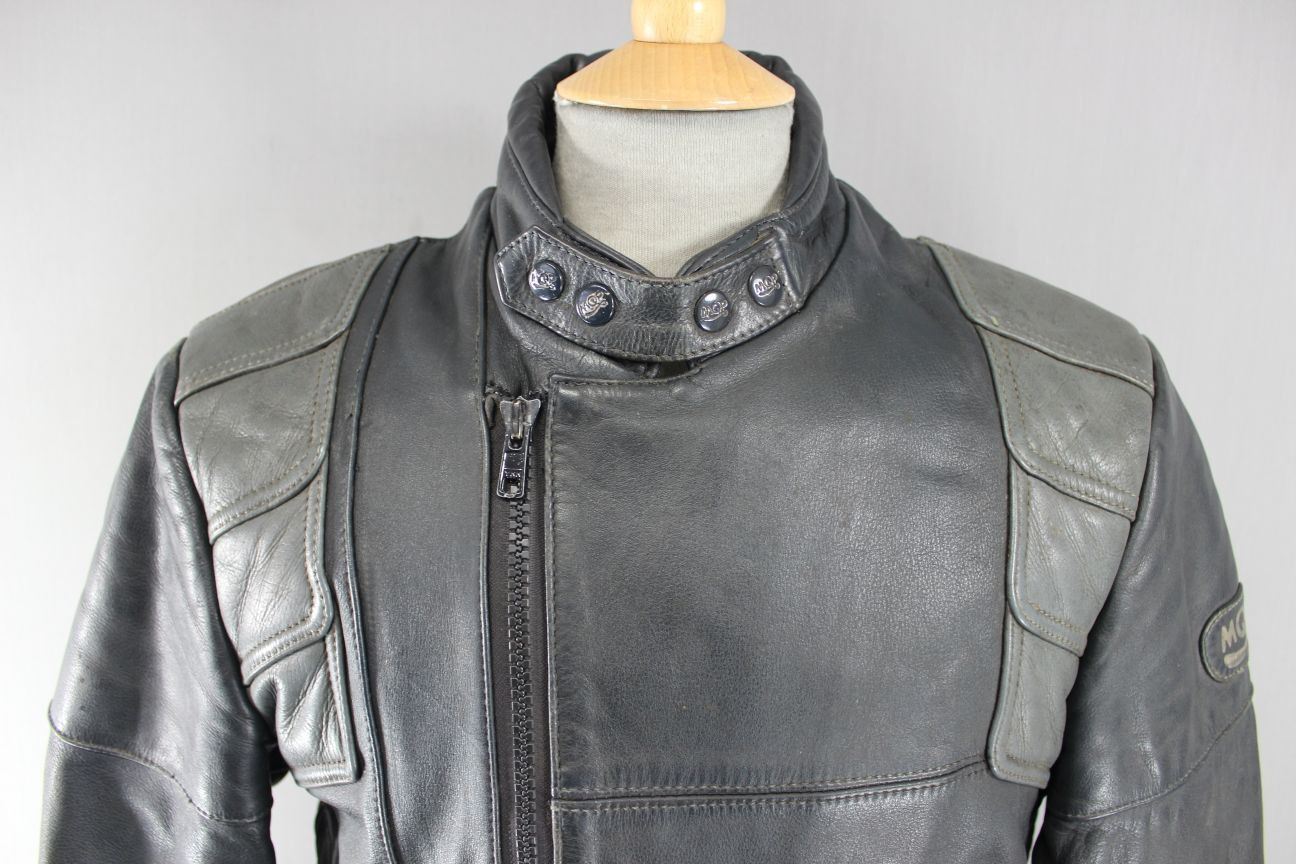 CLASSIC VINTAGE 1980's DARK & LIGHT GREY MQP LEATHER BIKER JACKET 38 INCH