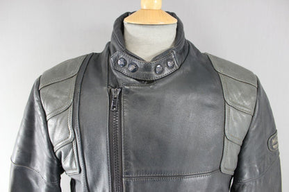 CLASSIC VINTAGE 1980's DARK & LIGHT GREY MQP LEATHER BIKER JACKET 38 INCH