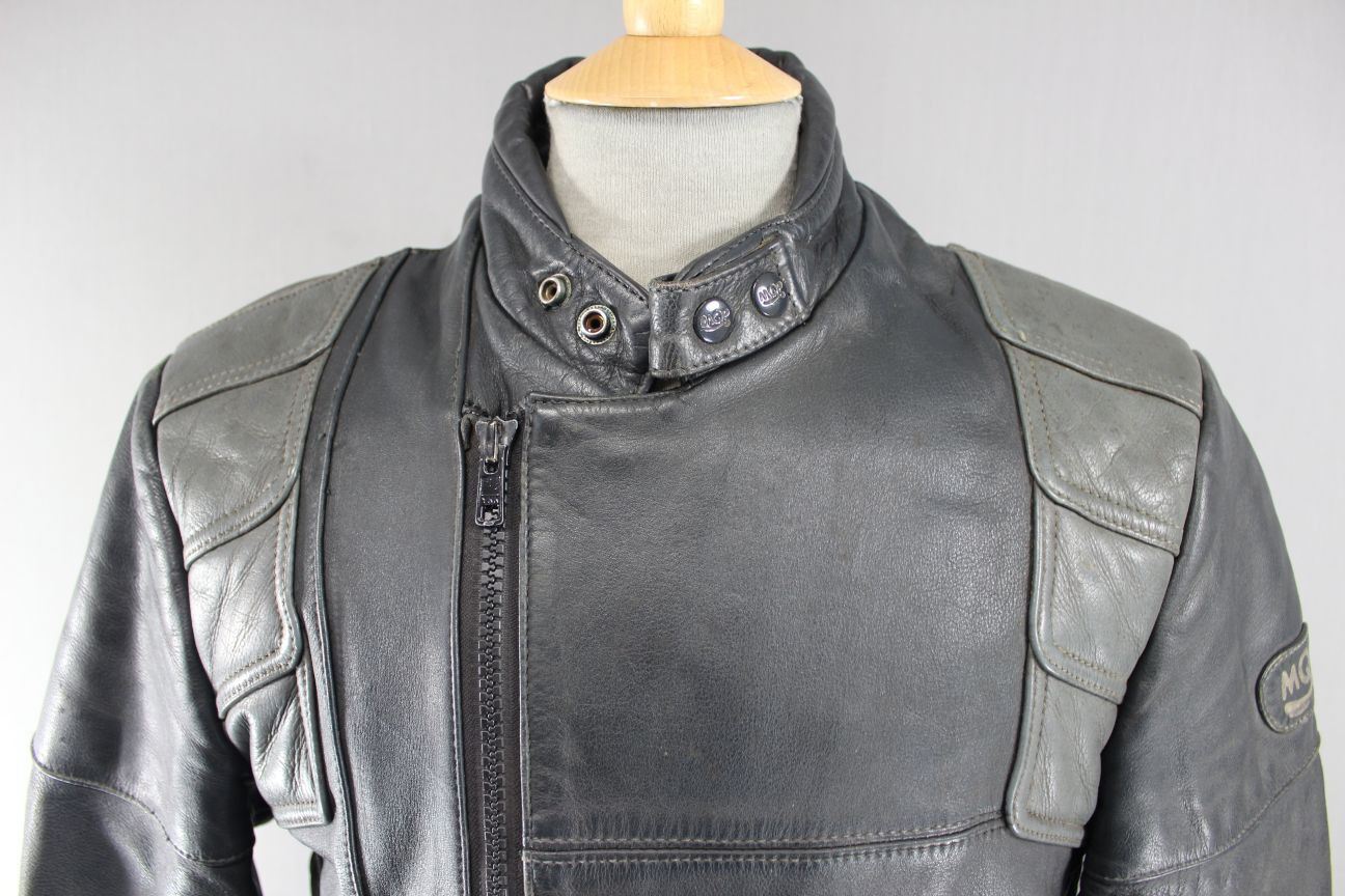CLASSIC VINTAGE 1980's DARK & LIGHT GREY MQP LEATHER BIKER JACKET 38 INCH