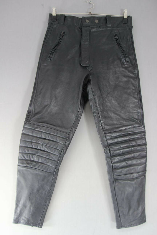 BOBO COLLECTION BLACK LEATHER BIKER TROUSERS: WAIST 30 INCH/INSIDE LEG 28 INCH
