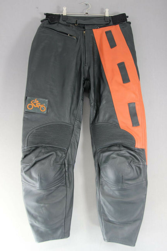 BLACK, ORANGE & PURPLE LEATHER BIKER TROUSERS: WAIST 32 INCH/INSIDE LEG 27 INCH