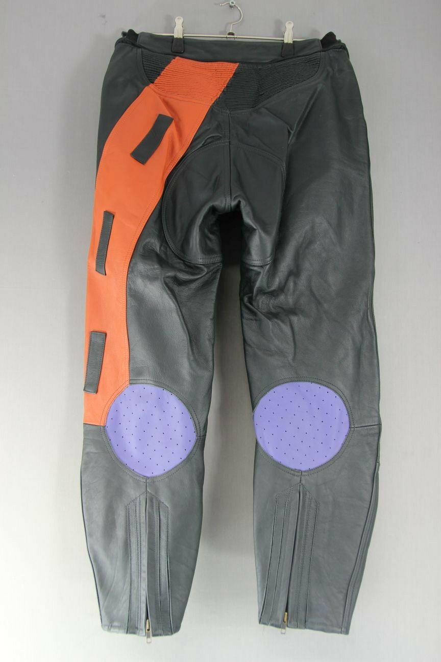 BLACK, ORANGE & PURPLE LEATHER BIKER TROUSERS: WAIST 32 INCH/INSIDE LEG 27 INCH
