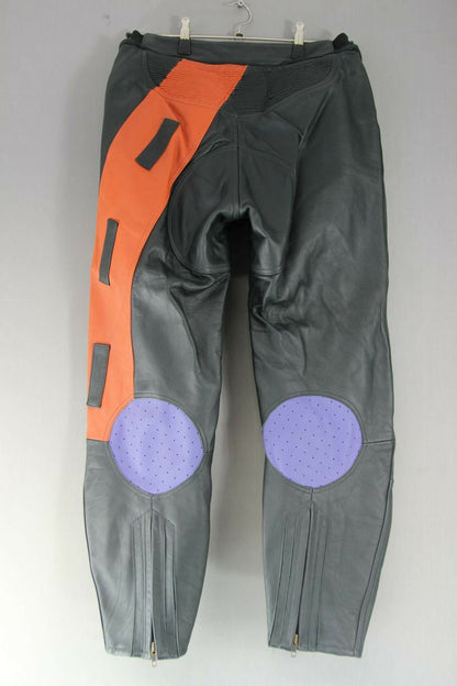 BLACK, ORANGE & PURPLE LEATHER BIKER TROUSERS: WAIST 32 INCH/INSIDE LEG 27 INCH