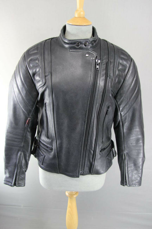 RICHA BLACK LEATHER BIKER JACKET WITH BACK, SHOULDER & ELBOW CE ARMOUR SIZE 8