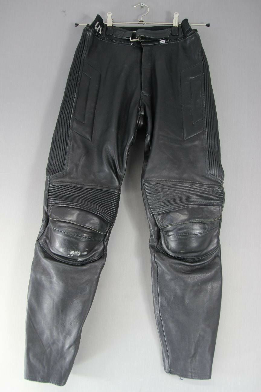 UVEX BLACK LEATHER BIKER TROUSERS + REMOVABLE KNEE PROTECTORS:WAIST 26/I LEG 31"