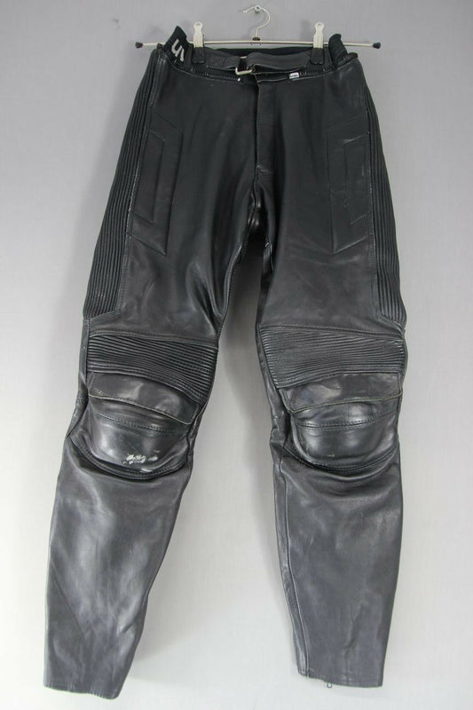 UVEX BLACK LEATHER BIKER TROUSERS + REMOVABLE KNEE PROTECTORS:WAIST 26/I LEG 31"