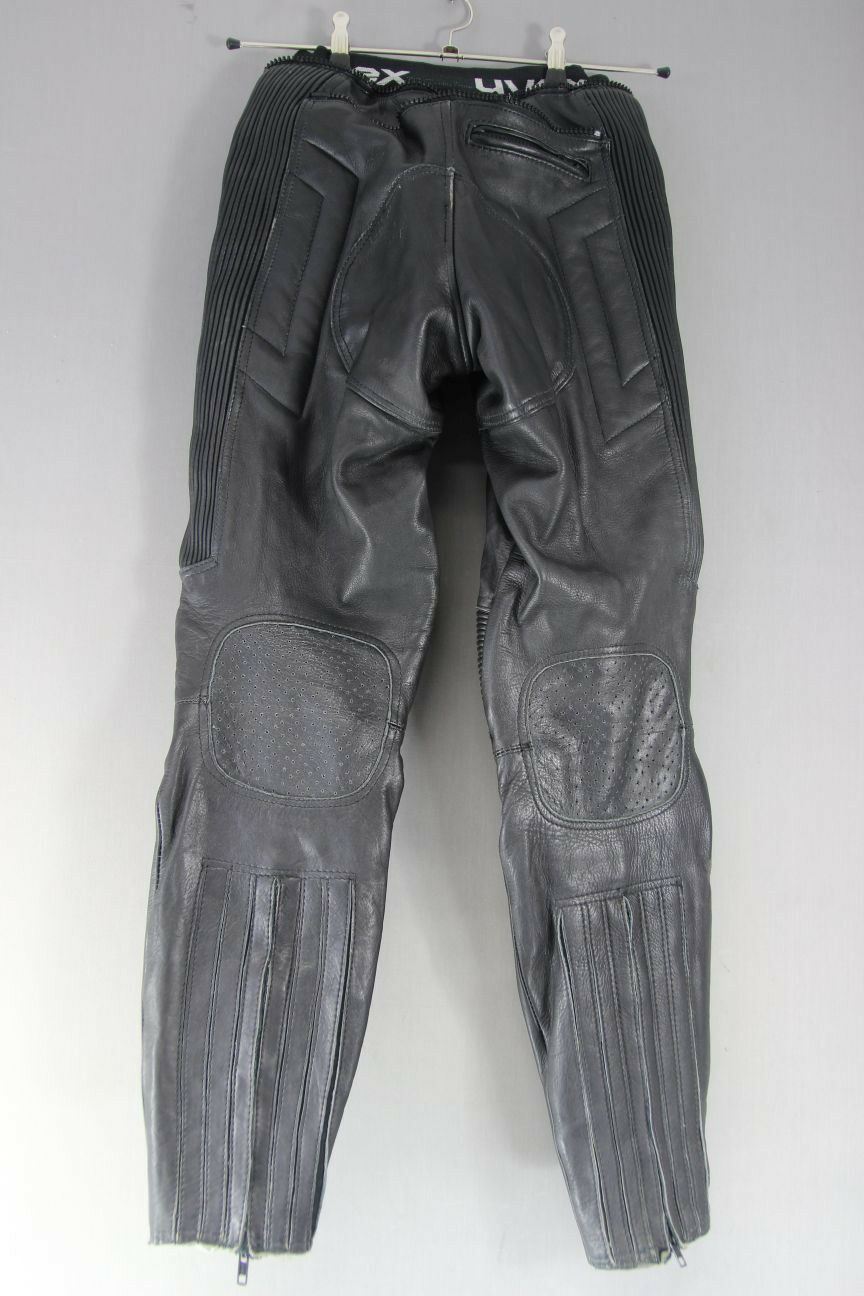 UVEX BLACK LEATHER BIKER TROUSERS + REMOVABLE KNEE PROTECTORS:WAIST 26/I LEG 31"