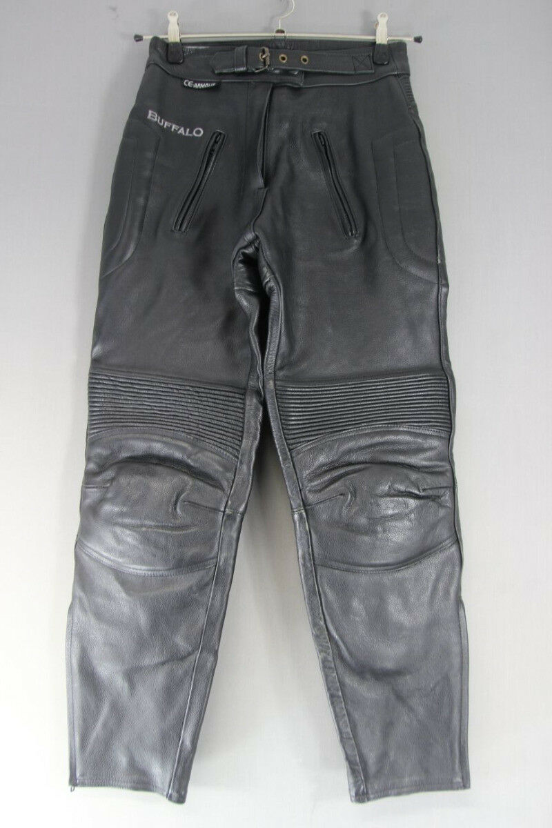 BUFFALO BLACK LEATHER BIKER TROUSERS + CE ARMOUR SIZE 10:WAIST 28/INSIDE LEG 29"
