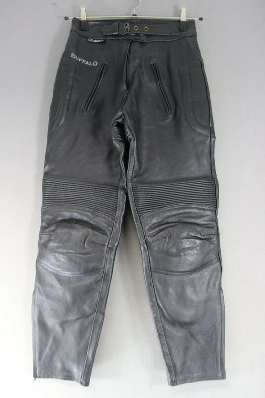 BUFFALO BLACK LEATHER BIKER TROUSERS + CE ARMOUR SIZE 10:WAIST 28/INSIDE LEG 29"