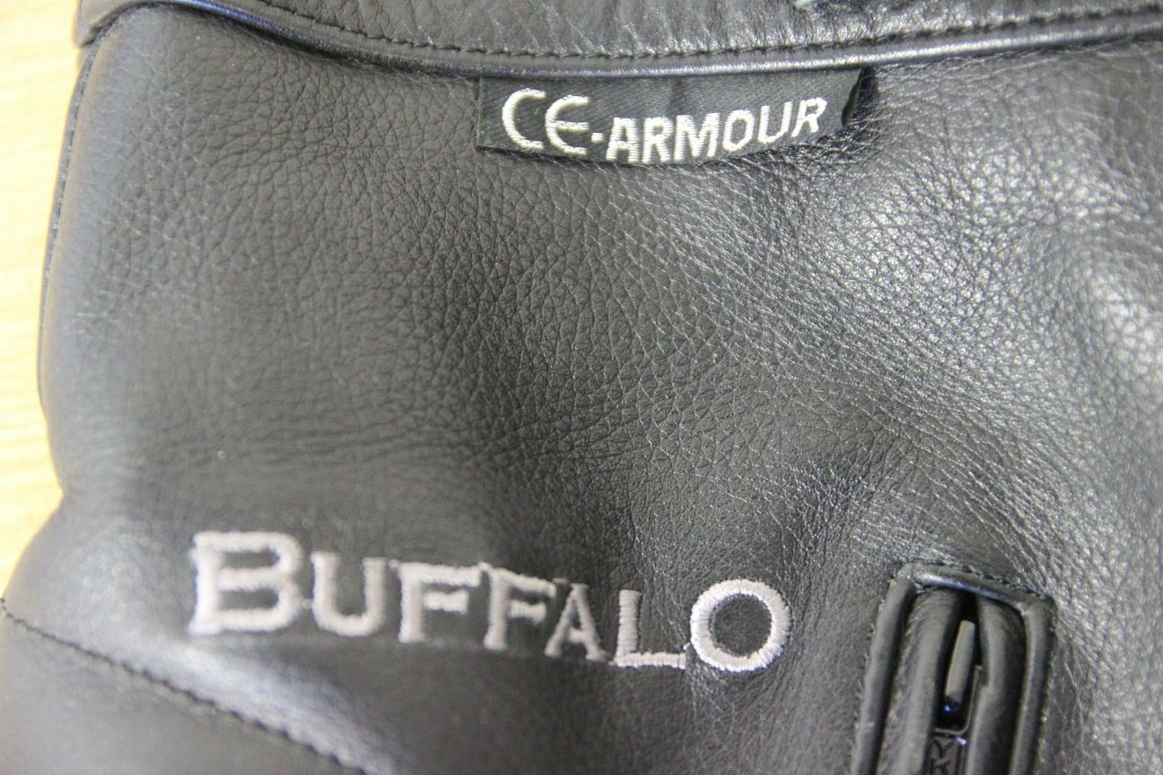 BUFFALO BLACK LEATHER BIKER TROUSERS + CE ARMOUR SIZE 10:WAIST 28/INSIDE LEG 29"