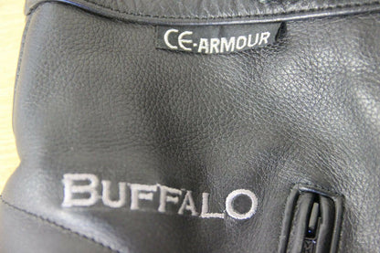 BUFFALO BLACK LEATHER BIKER TROUSERS + CE ARMOUR SIZE 10:WAIST 28/INSIDE LEG 29"