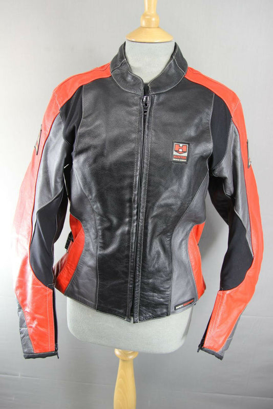 HUNTER CLASS BLACK, RED & SILVER LEATHER BIKER JACKET + REMOVABLE CE ARMOUR 36"
