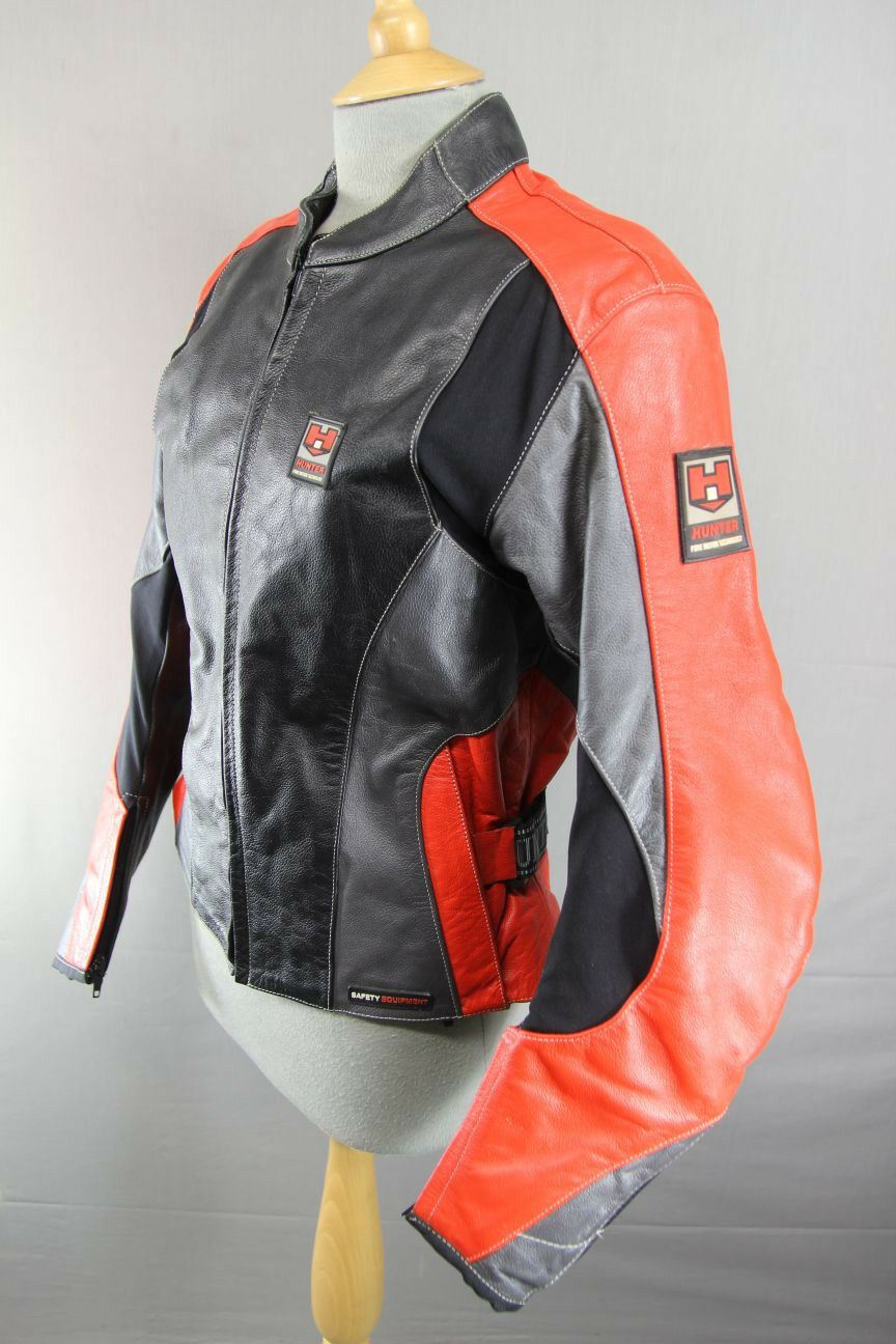 HUNTER CLASS BLACK, RED & SILVER LEATHER BIKER JACKET + REMOVABLE CE ARMOUR 36"