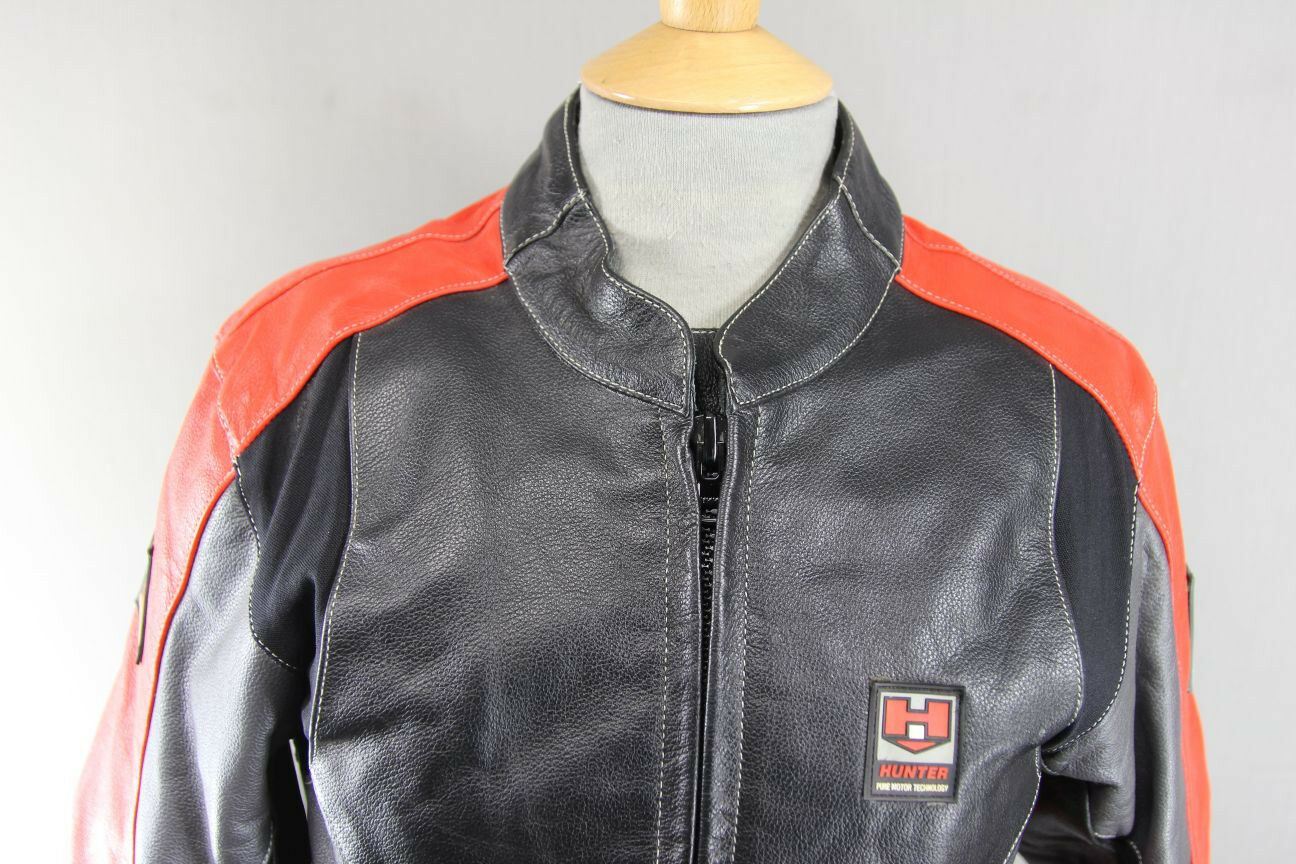 HUNTER CLASS BLACK, RED & SILVER LEATHER BIKER JACKET + REMOVABLE CE ARMOUR 36"