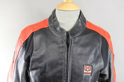 HUNTER CLASS BLACK, RED & SILVER LEATHER BIKER JACKET + REMOVABLE CE ARMOUR 36"