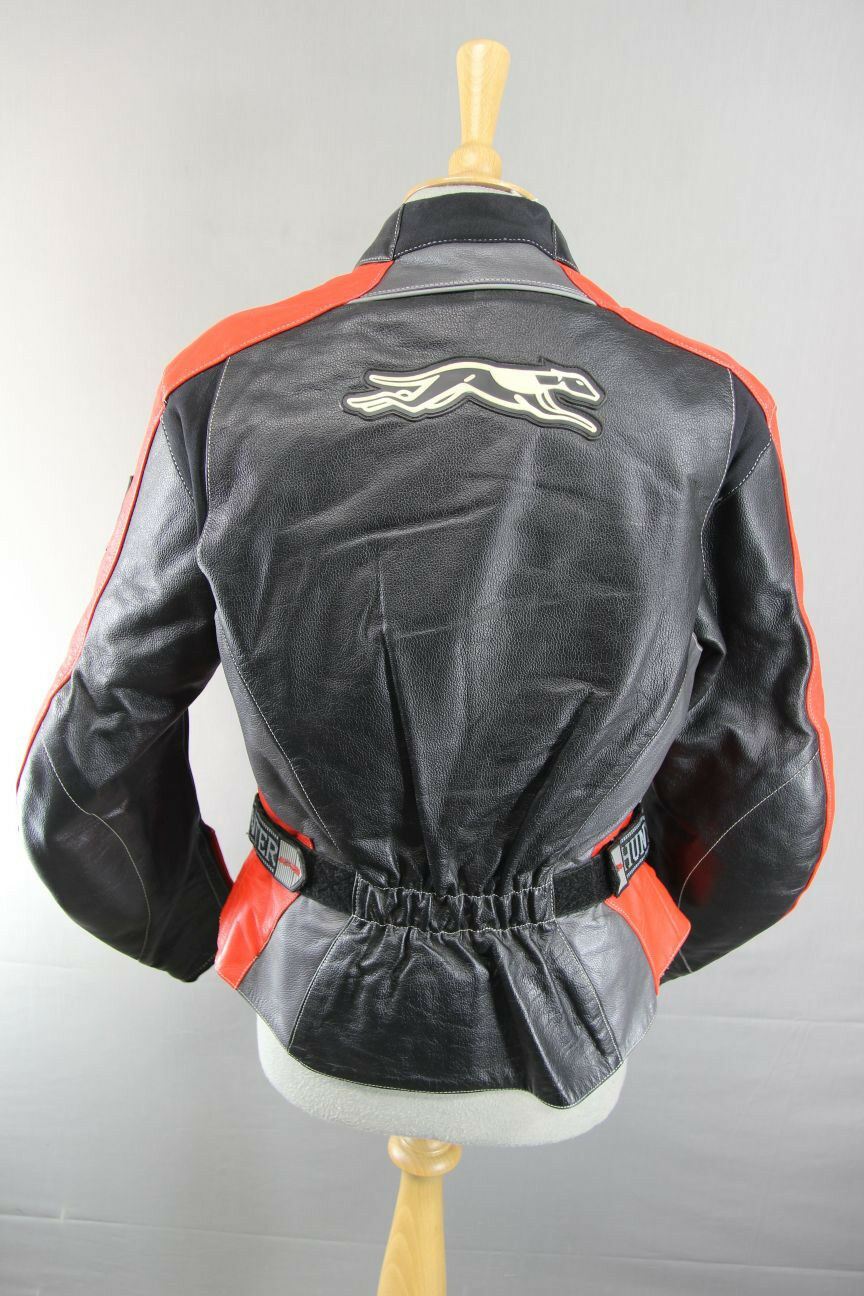 HUNTER CLASS BLACK, RED & SILVER LEATHER BIKER JACKET + REMOVABLE CE ARMOUR 36"