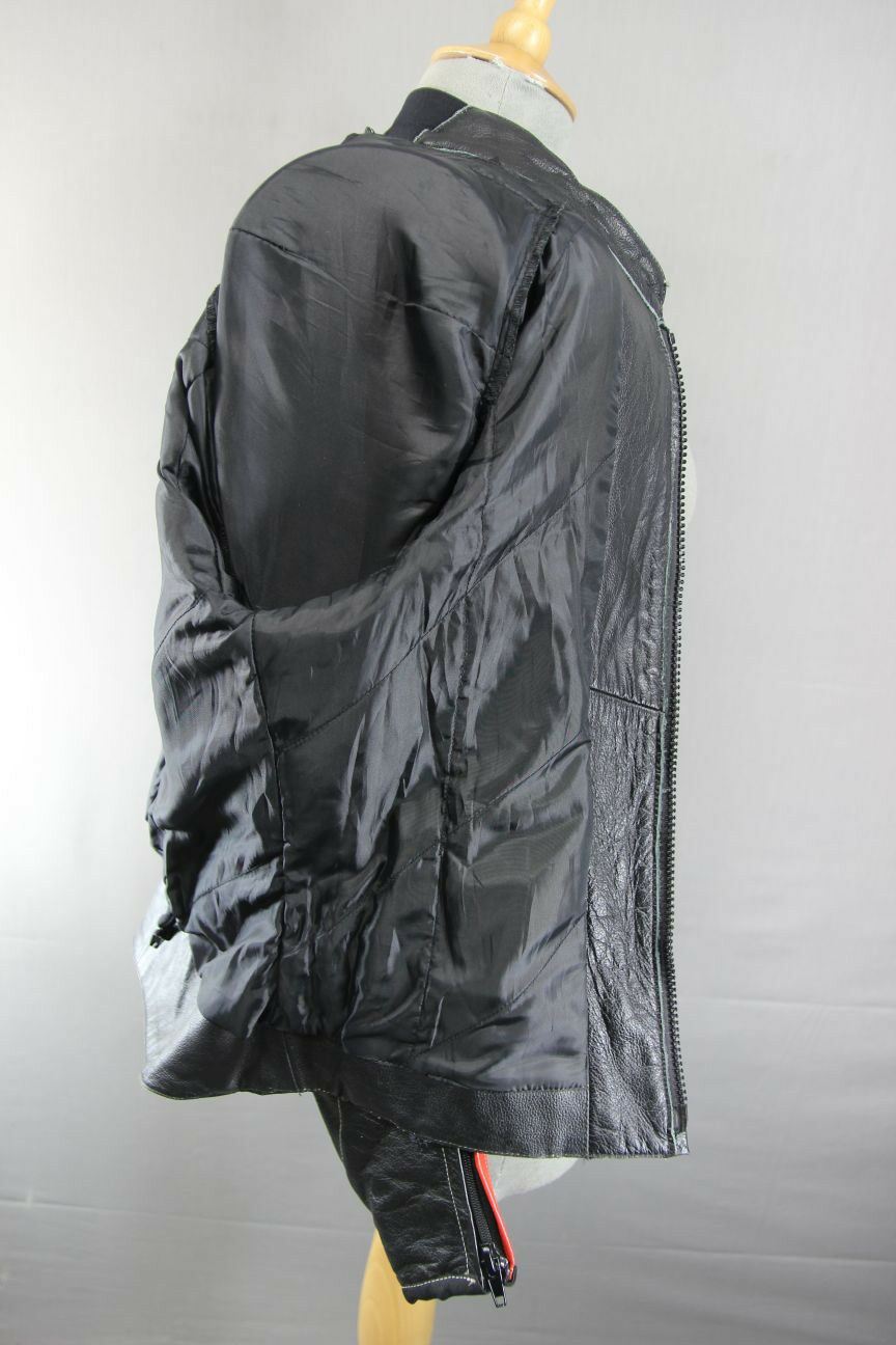 HUNTER CLASS BLACK, RED & SILVER LEATHER BIKER JACKET + REMOVABLE CE ARMOUR 36"
