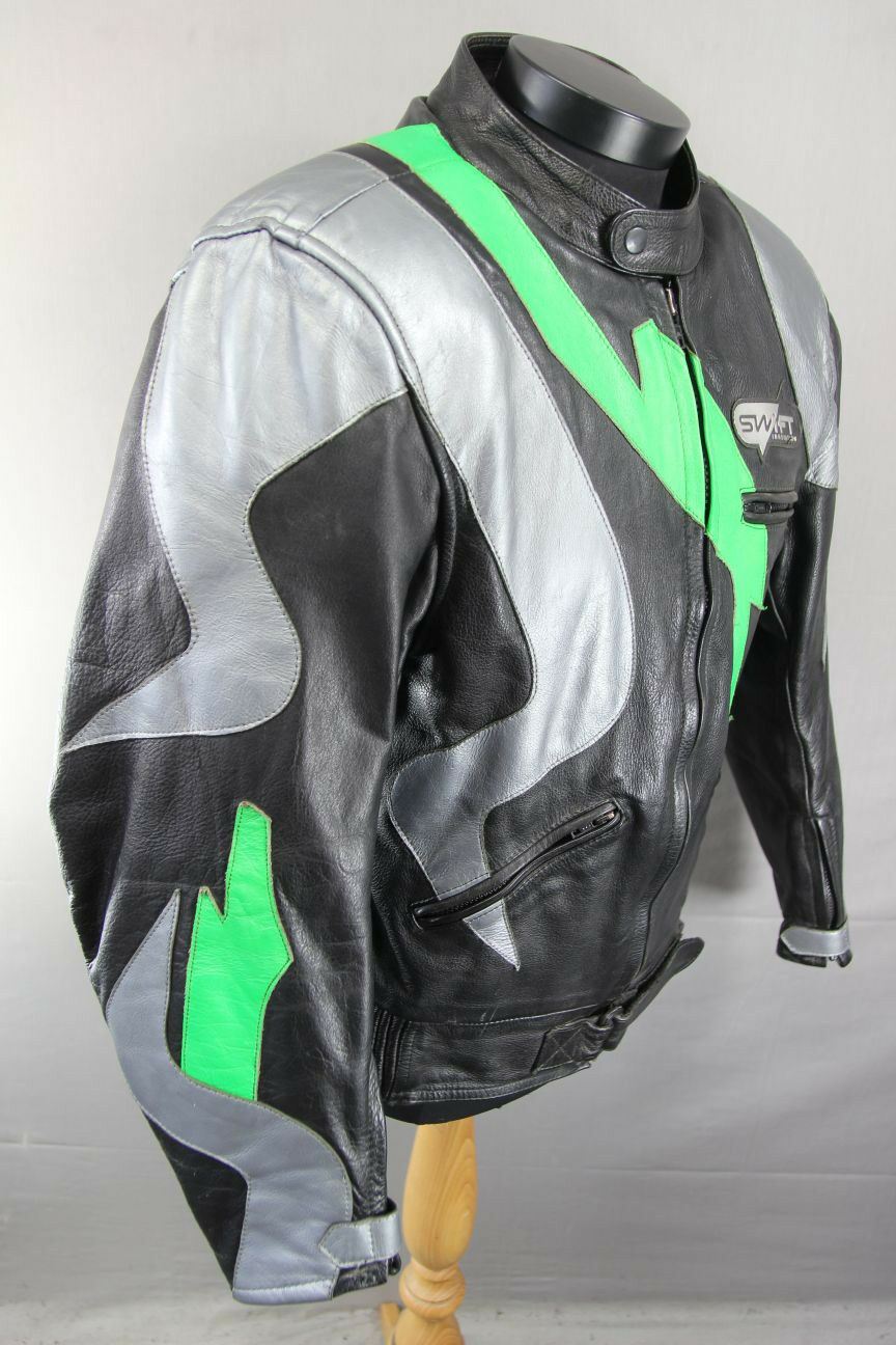 SWIFT INNOVATION BLACK, SILVER & GREEN LEATHER BIKER JACKET WITH ARMOUR 42 INCH