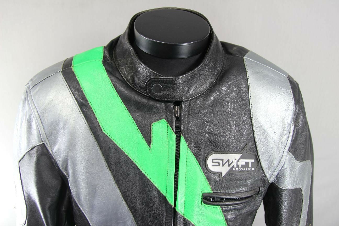 SWIFT INNOVATION BLACK, SILVER & GREEN LEATHER BIKER JACKET WITH ARMOUR 42 INCH