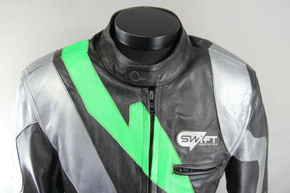 SWIFT INNOVATION BLACK, SILVER & GREEN LEATHER BIKER JACKET WITH ARMOUR 42 INCH