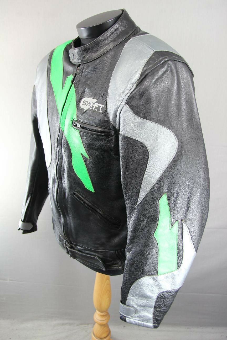 SWIFT INNOVATION BLACK, SILVER & GREEN LEATHER BIKER JACKET WITH ARMOUR 42 INCH