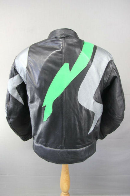 SWIFT INNOVATION BLACK, SILVER & GREEN LEATHER BIKER JACKET WITH ARMOUR 42 INCH