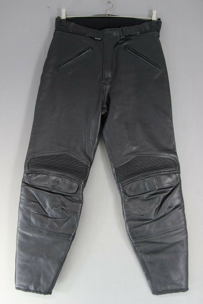 JUST BIKERS BLACK LEATHER TROUSERS SIZE 14: WAIST 30 INCHES/INSIDE LEG 29 INCHES