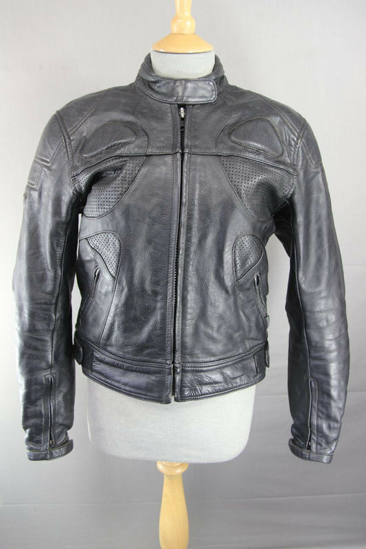 RIOSSI BLACK COWHIDE LEATHER BIKER JACKET + PROTECTORS & THERMAL LINING: SIZE 14